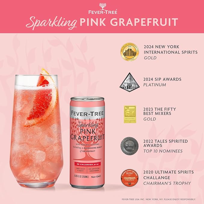 Fever-Tree Sparkling Pink Grapefruit - Premium Quality Mixer - Refreshing Beverage for Cocktails & Mocktails. Naturally Sourced Ingredients, No Artificial Sweeteners or Colors - 8.5 Fl Oz Cans - Pack of 4