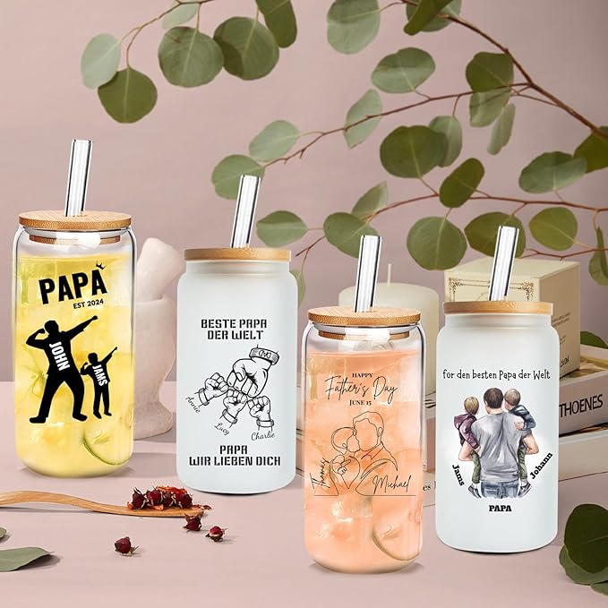 Mason Life Personalized Glass Cup with Name-Can Shaped Glass with Lids and Straws-18OZ Iced Coffee Cups (DAD)