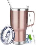 20 oz Rose Gold Stainless Steel Insulated Tumbler with Handle, Lid, Straw - Double Wall Vacuum Insulated Coffee Mug, Leak Proof Travel Mug for Hot and Cold Drink