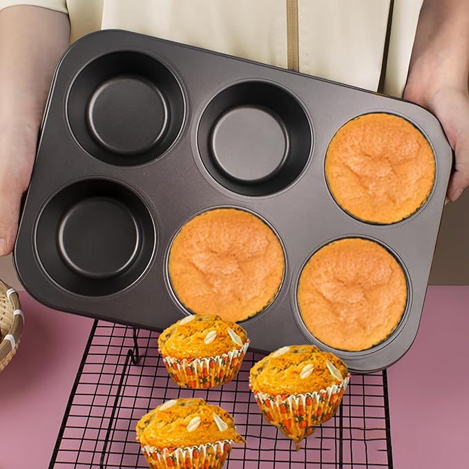 2 Packs Nonstick Round Muffin Baking Pan Tin, 6-Cup Muffin Tin, Cupcake Pans, Cheesecake Pans, Carbon Steel, Black