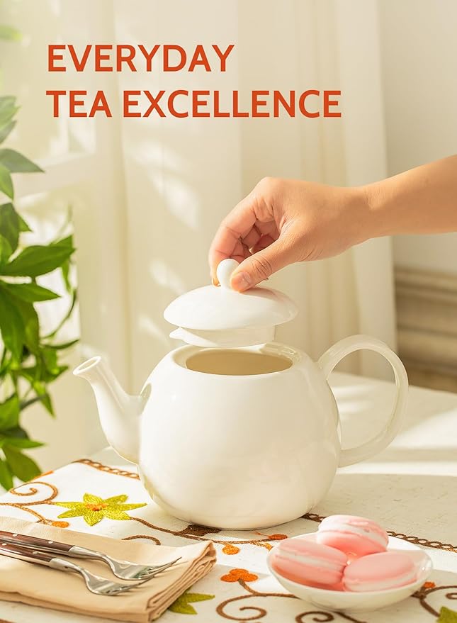 Sweese Porcelain Teapot, 40 Ounce Tea Pot - Large Enough for 5 Cups, White