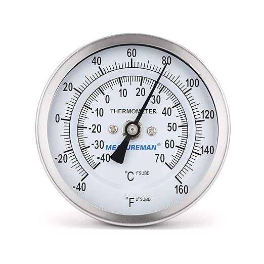 MEASUREMAN Fully Stainless Steel Pot, Kettle, Brewing Bimetal Dial Thermometer, 3" Dial, 2-1/2" Stem, -40-160 deg F/-40-70 deg C, -1% Accuracy, Adjustable, 1/2" NPT Back Mount