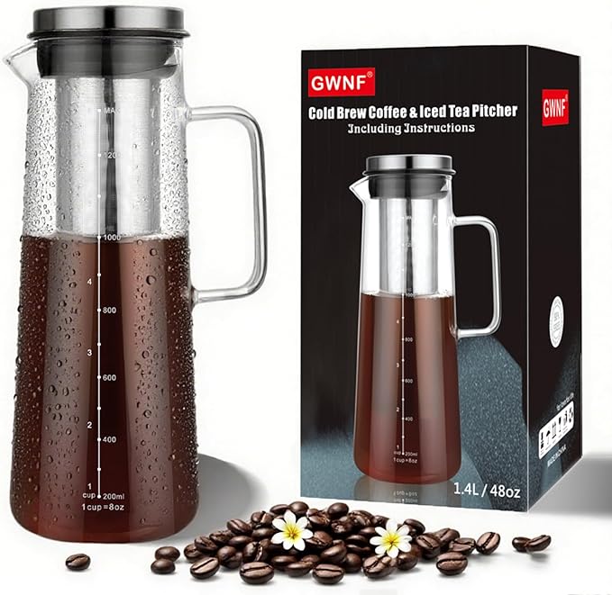 Cold Brew Coffee Maker, 1.4L/48oz Slim Borosilicate Glass Pitcher with Stainless Steel Filter, Fit Fridge Door, Dishwasher Safe & Airtight Lid, Mannual Included, Iced Tea & Fruit Infuser