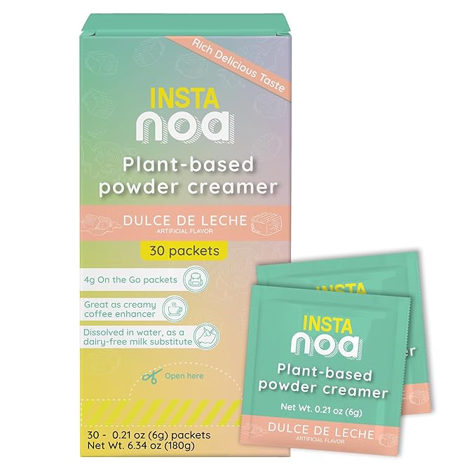NOA Plant-Based Powder Creamer - Dairy-Free Coconut & Dulce de Leche Flavor, No Sugar, Vegan, Keto-Friendly, Instant Non-Dairy Coffee Enhancer, 30 Sachets of 4g