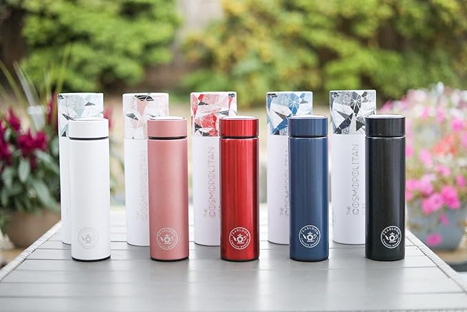 Teabloom ORIGINAL All-Purpose Beverage Tumbler - 16 oz - 480 ml - Brushed Metal Insulated Water Bottle/Tea Flask/Cold Brew Coffee Mug - Extra-Fine Two-Way Infuser Travel Bottle - Ruby Red