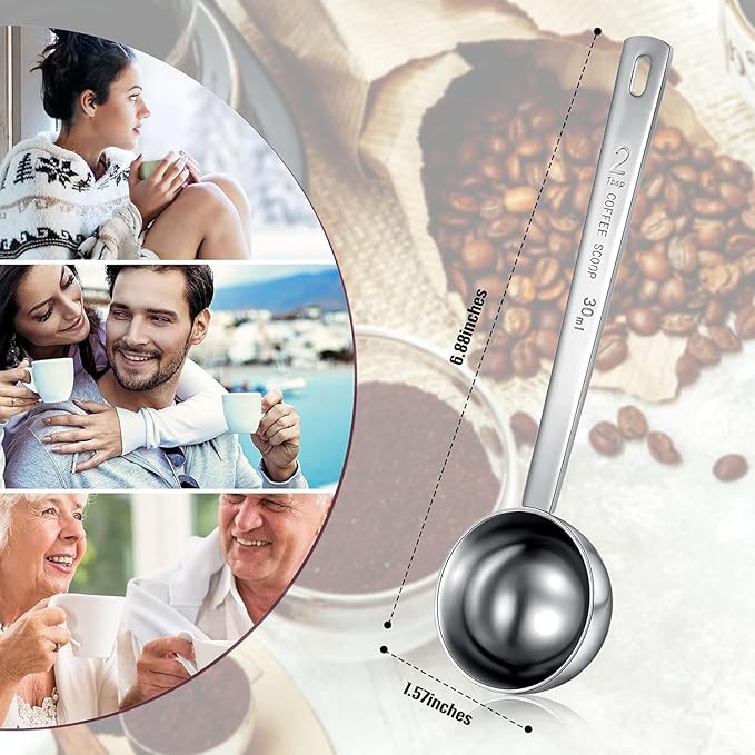 Geiserailie 8 Pieces 2 Tablespoon Scoops with Long Handle, 30 ml Stainless Steel Measuring Spoon for Coffee Milk Fruit Powder, Loose Tea Dry, Spice Jar, Cooking Baking, and Other Dry Goods