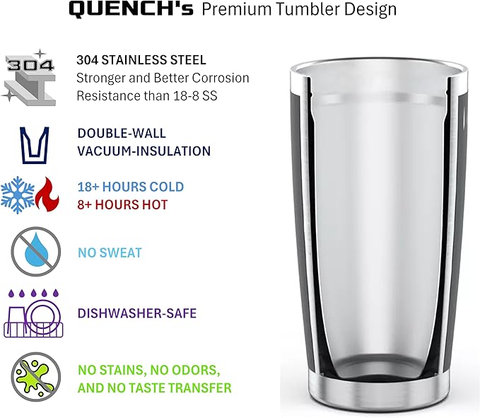 QUENCH Stainless Steel Tumbler 20oz, Double Wall Vacuum Insulated Powder Coated, USA, Indigo Blue, with MagnaLock Lid, Insulated USA Travel Coffee Mug Cup Tumbler, QU0001-BL1
