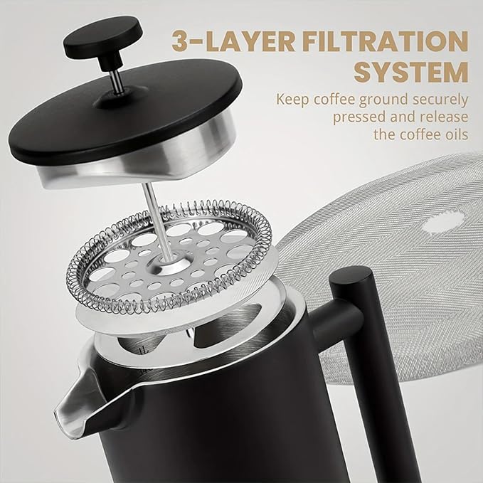 French Press Coffee Maker,Stainless Steel Double Wall Insulated Coffee Press 34 oz,4-8 Cups, Portable Hot Cold Brew Teapot Cafetera for Coffee Bar Accessories Kitchen Camping (Black,34oz)