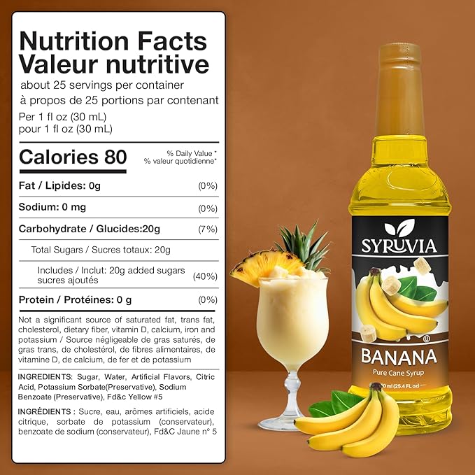 Syruvia Banana Flavored Syrup - 25.4 fl oz - Kosher Flavored Syrups, Gluten Free, No Coloring, Perfect for Drinks, Soda, Shakes, Cocktails, Desserts, and More.