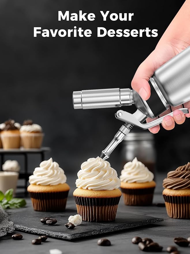 Whipped Cream Dispenser Stainless Steel,Cream Whipper with 4 Injector Tips and 3 Decorating Nozzles,Dishwasher Safe,Chargers NOT Included