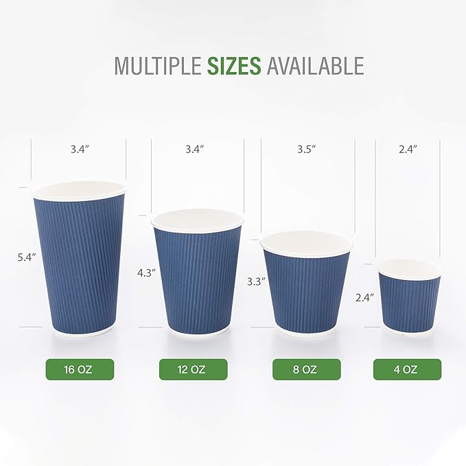 Restaurantware 8 Ounce Double Wall Disposable Coffee Cups, 500 Insulated Dark Blue Paper Tumblers Ripple Wall Design, Lids Sold Separately for Hot Drinks like Tea, Hot Chocolate, and More