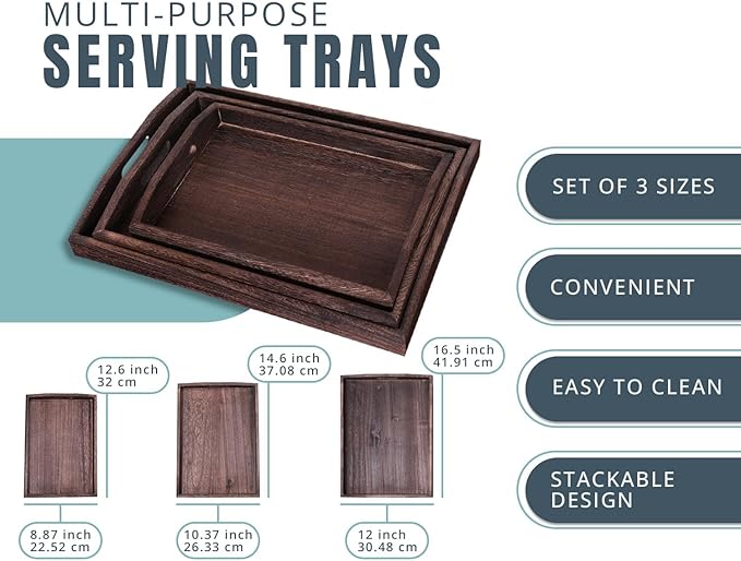 Serving Trays Set of 3 - Ottoman Wood Trays for Entertainment, Food and Décor - Rustic Farmhouse Distressed Finish - Stained Wood Brown