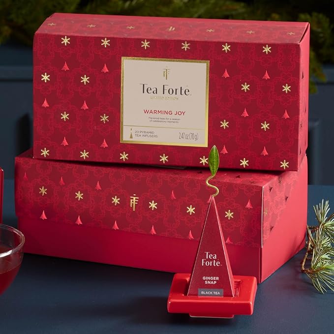 Tea Forte Warming Joy Holiday Premium Presentation Box Gift Set Sampler, 20 Count, 4 of Each Blend Individually Wrapped Handcrafted Pyramid Infuser Bags