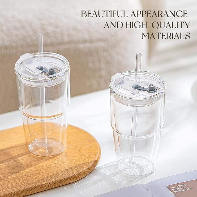 KEMORELA 2 Pack Double Wall Borosilicate Glass Tumblers with Lids and Straws, 16oz Insulated Iced Coffee Cups, Reusable Smoothie and Boba Drinking Glasses, Dishwasher Safe
