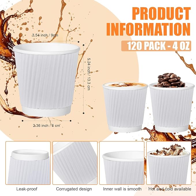 240Pack Paper Espresso Coffee Cups, 4 oz Disposable Coffee Cups,Corrugated Insulated Ripple Wall, Paper Ripple Cups for Coffee, Hot Chocolate and Hot Tea Drinks -White