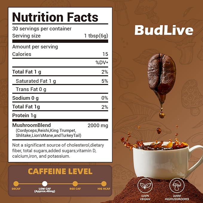 Organic Mushroom Coffee with Lion's Mane, Reishi & Cordyceps – 6 Mushroom Adaptogen Blend for Focus, Energy, Digestion & Immune Support, Low Acid Instant Coffee Powder, 30 Servings