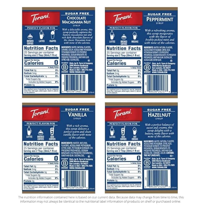 Torani Sugar Free Syrup, Holiday Variety Pack, 25.4 Ounce (Pack of 4)