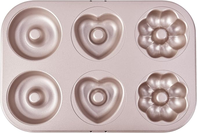 Fancy Donut Pan, 6 Cavity Donut Mold Heavy Duty Steel Non-stick Heart Flower Round Shaped Bund Pans Pattern Doughnut Bakeware for Oven Baking (Champagne Gold)