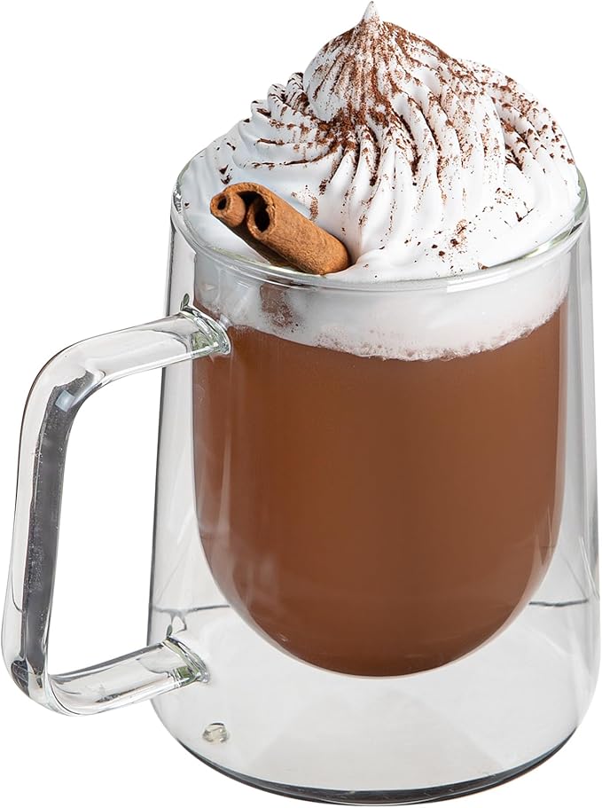 Restaurantware-Forma Professional 10.2 Ounce Double Wall Coffee Mugs, 2 Insulated Coffee Mugs With Handle - Dishwashable, Reusable, Clear Glass Beverage Cups, Freezable, For Hot Or Cold Beverages