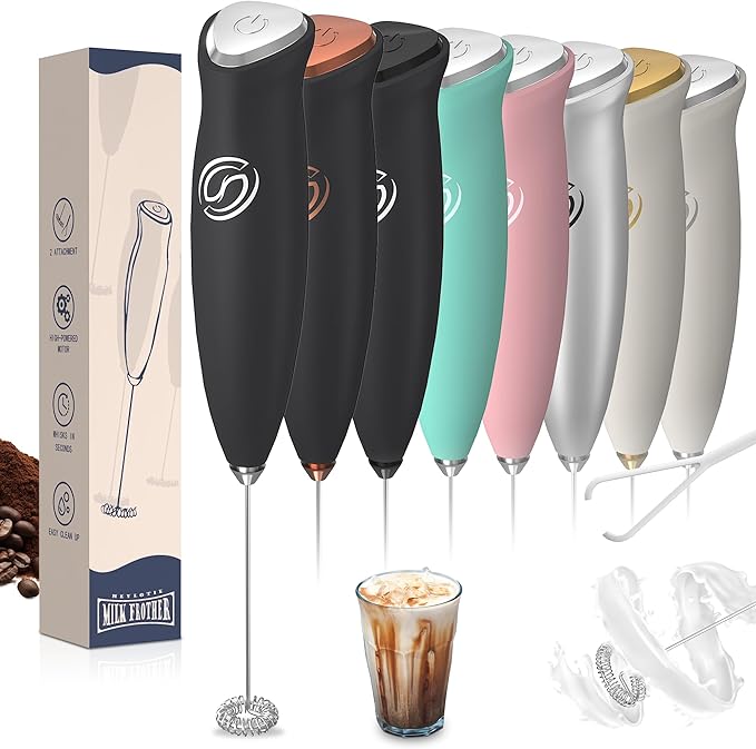 Milk Frother Handheld Frother Wand Drink Mixer Handheld Coffee Stirrers Electric Frother for Coffee Mixer Wand with 2 Whisk frother for protein powder coffee frother handheld -Black