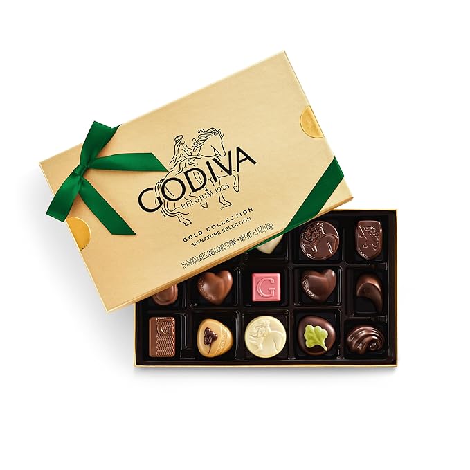 Godiva Green Bow Gold Assorted Chocolate Gift Box, Belgian Dark and Milk Chocolates with Pralinés, Ganaches & Caramels, Gourmet Holiday Gift, Non-GMO & Kosher, 15 Pc
