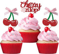 24 Pack She's the Cherry On Top Cupcake Toppers, Glitter Cherry Sweet Cake Pick for Fruits Theme Baby Shower and Bridal Shower Decorations Supplies (Ribbon Top)