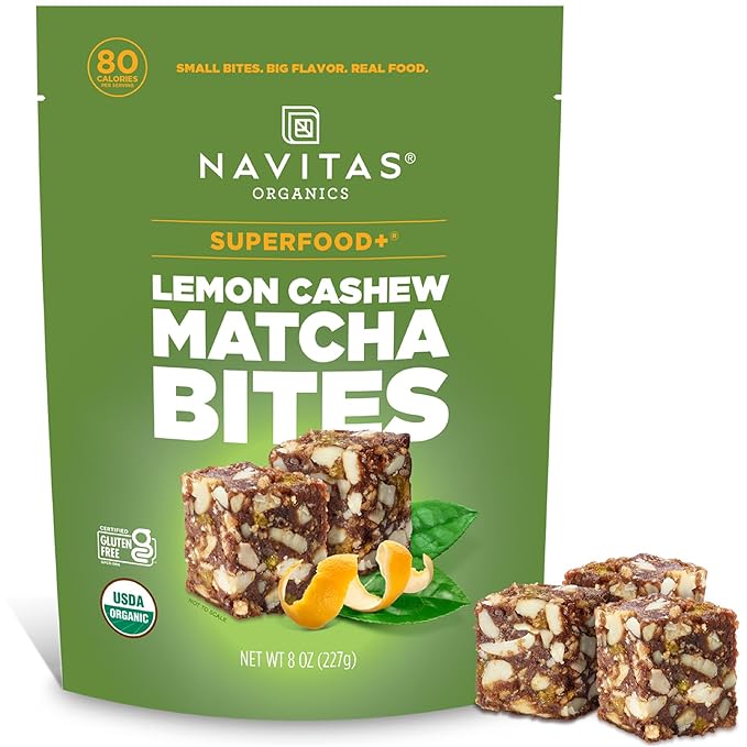 Navitas Organics Lemon Matcha Cashew Superfood+ BITES – Power Snacks – All Natural Plant Based – Clean Energy & Nutrition – USDA Organic, Non GMO, Gluten Free, Soy Free, Vegan (8oz. Bag 11 Servings)