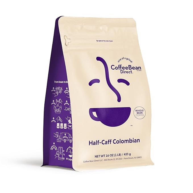 Coffee Bean Direct Half-Caff Colombian, Whole Bean Coffee, Light Roast, 1 Pound Bag (Pack of 1)