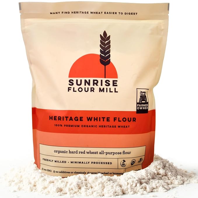 Sunrise Flour Mill Heritage Organic White Flour | USDA Organic All Purpose Flour Unbleached - Non-GMO, Kosher, Glyphosate Free, High Protein for Baking, Unbromated White Wheat (2 Pounds (Pack of 1))