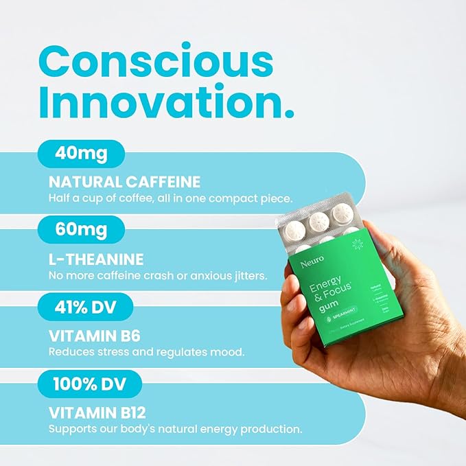 Neuro Energy & Focus Gum - 40mg Natural Caffeine Gum & Nootropic Energy Supplement with L-Theanine & B Vitamins - Sugar Free, Vegan - Spearmint, 54ct