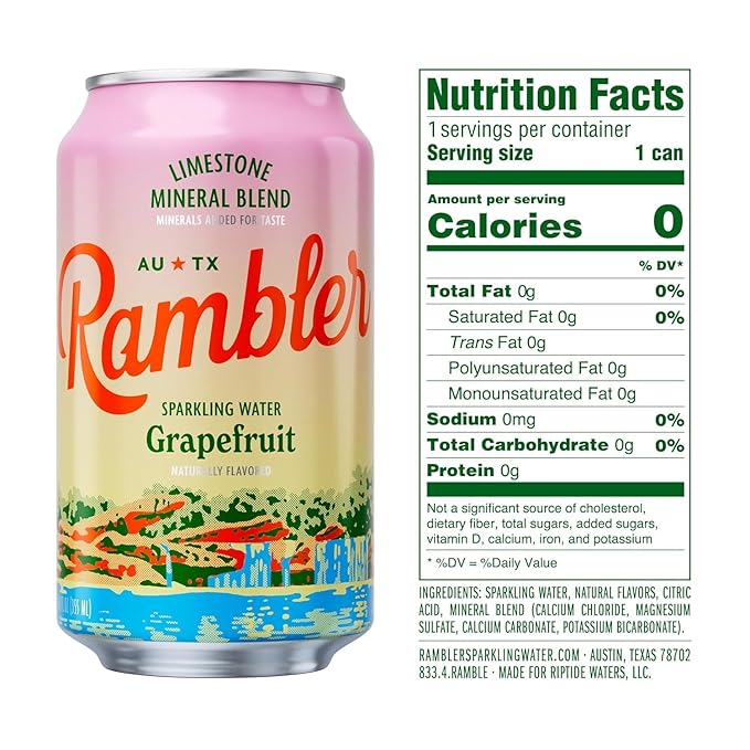 AUTX RAMBLER Sparkling Water, Texas Limestone Mineral Blend, Variety Pack (Original, Lemon-Lime, Grapefruit), 12-Ounce Cans, One 8-Pack Each x 3 Flavors (24 Cans Total)