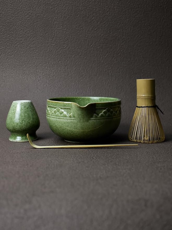 Artcome Matcha Tea Set with Pouring Spout - Green Ceramic Matcha Bowl, Bamboo Whisk, Whisk Holder, Tea Scoop & Matcha Tea Manual for Traditional Japanese Tea Ceremony - Ideal for Gift - Deep Green