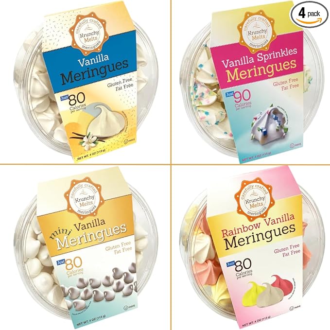4 Pack Krunchy Melts Original Meringue Cookies | So Vanilla 4-Pack | Vanilla, Vanilla Minis, Vanilla Sprinkles, Rainbow Vanilla | Only 80-90 Calories Per Serving | Low Fat/Fat Free, Gluten Free, Dairy Free (4 Oz)