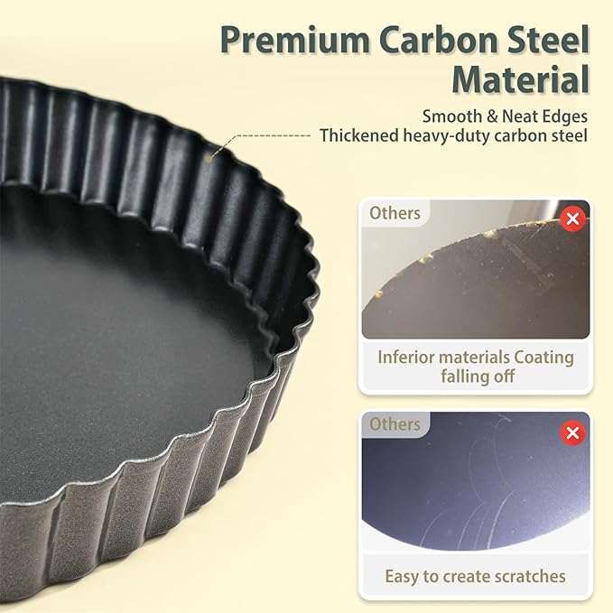 Sturdy Nonstick Tart Pan 9 inch Removable Bottom, Round Carbon Steel Quiche Pan for Baking, Heavy Duty Tart Mold loose for Pie, Mousse Cakes,Fruit and Desserts