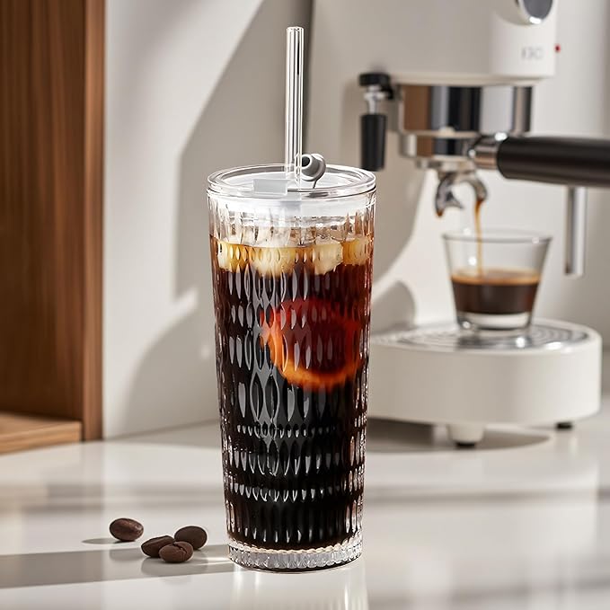 2 Pack Glass Tumblers with Lids and Straws 18oz: Leak-Proof Drinking Glasses with Airtight Lid, Stylish Water Ripple Design, Reusable Glass Iced Coffee Cups for Cold Drinks, Car Holder Fit