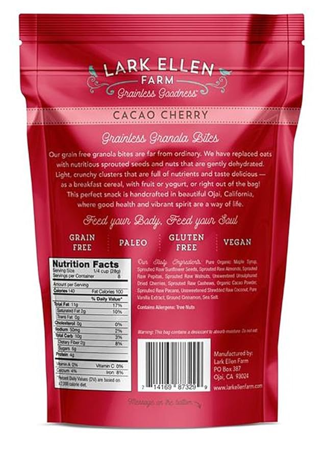 Lark Ellen Farm Cacao Cherry Grain-Free Granola Clusters, Organic Vegan Nut and Seed Mix, Gluten-Free Crunchy Bites for Snack, Breakfast, or Yogurt, 8 oz, 3 Pack