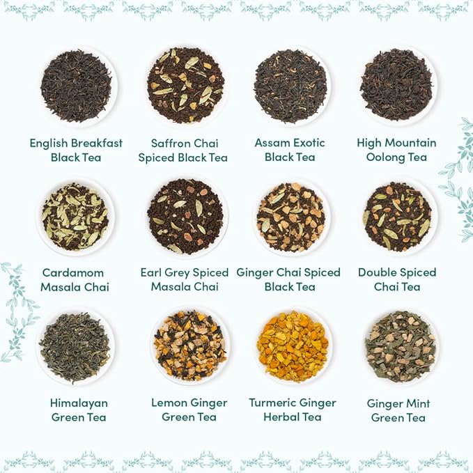VAHDAM, Bloom - Assorted Tea Gift Sets (12 Loose Leaf Tea) Tin Caddy Presentation Box | Gluten Free, Non GMO | Gifts for Him and Her
