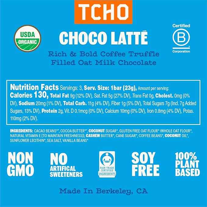 TCHO Choco Latte 47% Oat Milk Chocolate Bars (3 pack) | Plant Based, Organic & Fair Trade, | Non GMO, Non-Dairy, Vegan, Soy Free (2.5oz each)