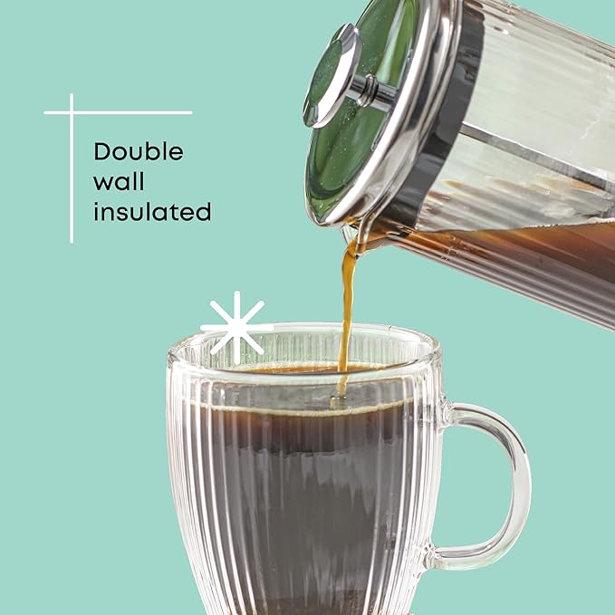 JoyJolt Fluted Glass Coffee Mugs, Double Wall Coffee Mugs. 13.5oz Clear Coffee Mug Set of 2. Latte Glasses, Glass Cappuccino Mugs, Clear Glass Coffee Mug. Ribbed Mugs