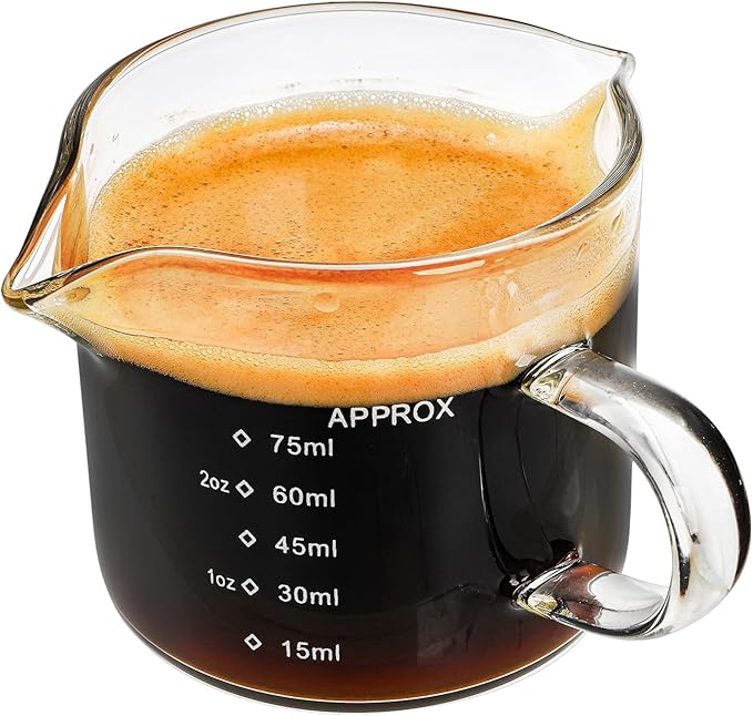 Yarlung 4 Pack Measuring Cups Espresso Shot Glasses, Double Spouts Espresso Cup Glass Graduated 75 ML/ 2.5 OZ for Milk Pitcher, Coffee Maker Accessories