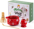 5pcs Premium Matcha Set,Ceramic Bowl with Spout and Bamboo Whisk set, Ceremonical Matcha Kit for breakfast/latte,Tea Starter Making Kit,Christmas Matcha Gift set (Reindeer Red)