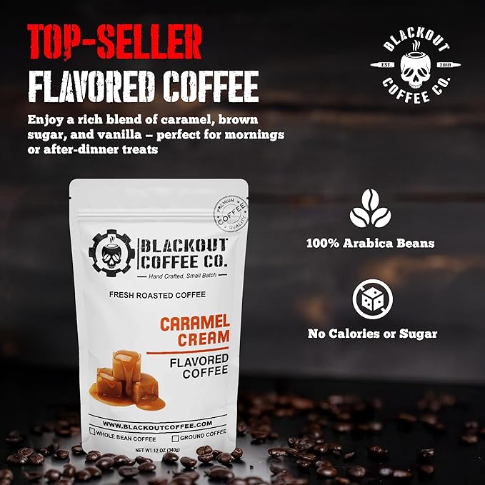 Blackout Coffee Caramel Cream Flavored Coffee - Ground Coffee, Fresh Roasted In the USA,12 oz pouch