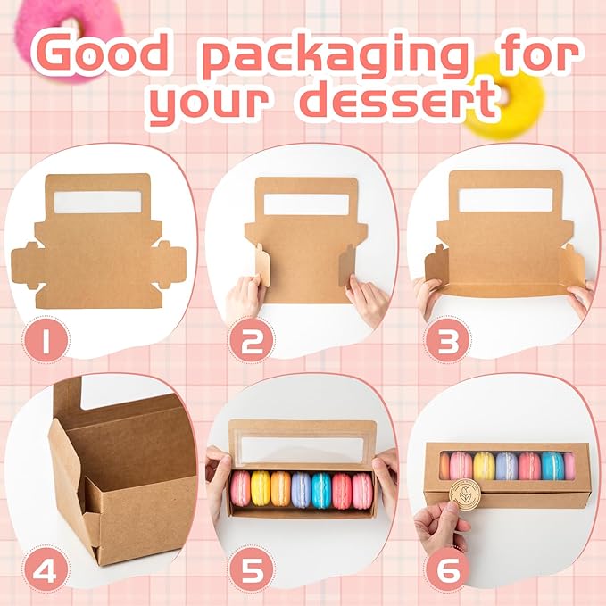 Sherr 50 Pcs Brown Macaron Boxes with Window, Cookies Boxes with 200 Pcs Stickers Long Bakery & Dessert Gifts Containers for Donuts, Pastry, Chocolate Covered Strawberry
