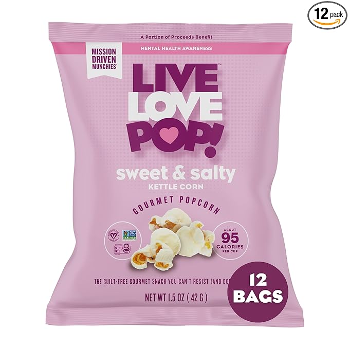 Live Love Pop Sweet and Salty Kettle Corn Flavored Gourmet Popcorn, 1.5 Oz (Pack of 12), Individual Snack Size Bags, Healthy Snack, Gluten Free, Vegan & Non-GMO, Mission Driven Munchies