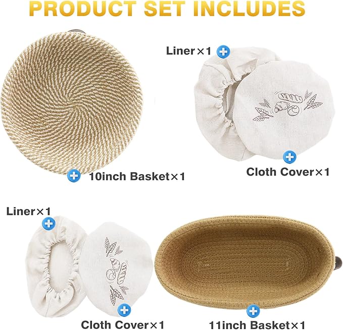 Banneton Bread Proofing Basket Set of 2, 10 Inch Round 11Inch Oval Cotton Rope Sourdough Bread Baking Supplies Proofing Bowls with Liners & Covers Gifts for Bakers Women Wife Mom