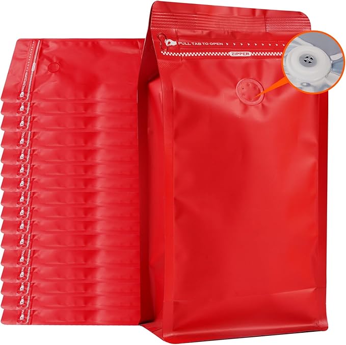 Coffee Bags with Valve (50 PCS,8oz/0.5lb) Red High Barrier Aluminum Foil Flat Bottom Standing Coffee Beans Storage Packaging Bags, Reusable Heat Seal Side Zipper Pouches for Small Business and Home