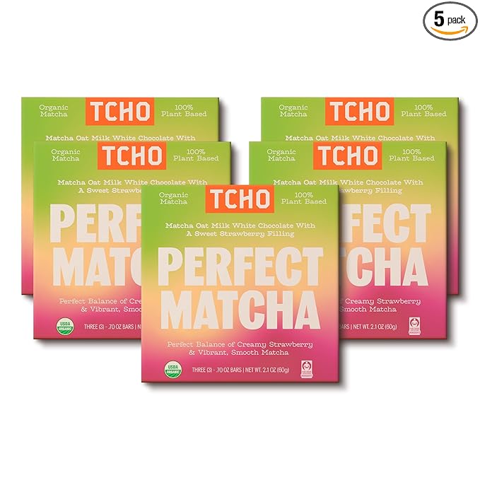 TCHO Perfect Matcha Chocolate Bar 5 Pack - Organic Oat Milk Chocolate with Matcha Shell and Strawberry Filling - Plant-Based Non-GMO Matcha Snacks
