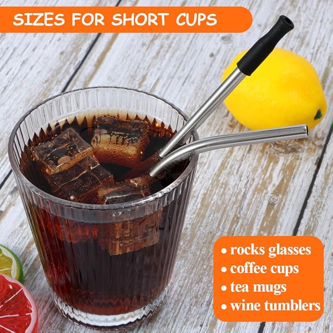 Lazycorner 16 Pcs Short Metal Straw, 6mm 5.5" 6.5" Kids Reusable Straw Silicone Tips Cleaner, Mini Small Stainless Steel Straws Fit 8 10 12 oz Tumbler/Wine Tumblers, Reusable Cocktail Straws(Silver)
