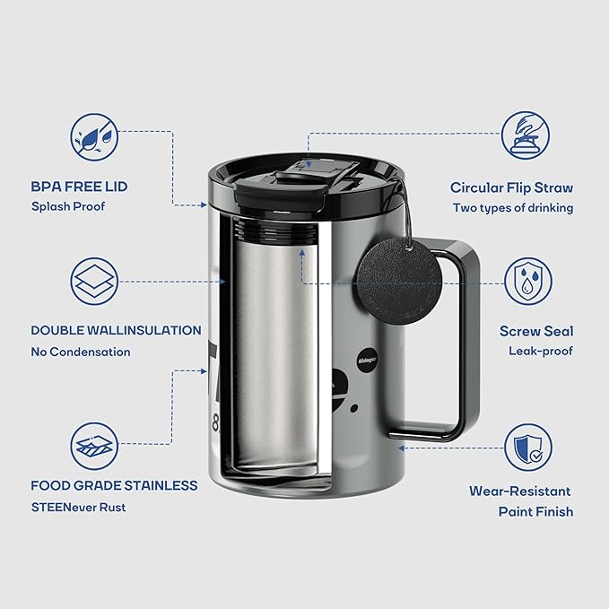 Sidagar+ 18 OZ z Stainless Steel Insulated Coffee Mug with Handle and Lid, Double Wall Vacuum Travel Mug, Tumbler Cup with Sliding Lid, Resuable Insulated Coffee Tumbler, Silver