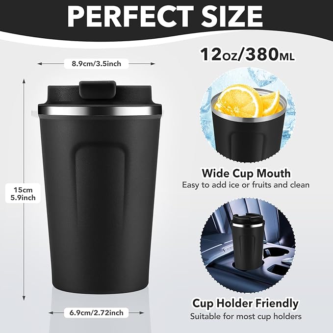 Volhoply 12 oz Double Wall Insulated Vacuum Travel Coffee Mug with Flip Lid Bulk 2 Pack,Reusable Stainless Steel Leak Proof Coffee Cup,Portable Thermal Tumbler for Cold&Hot Drinks(Assort Color,2 Set)